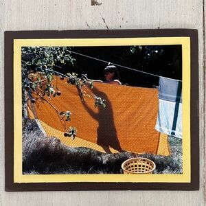 Vintage 70s Photography Woman Hanging Bed Sheet on Clothesline - Shadow 10”x12”